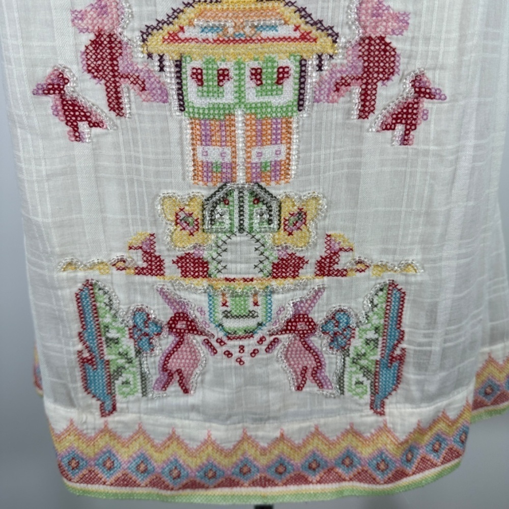 Y2K Da-Nang White Boho Sleeveless Cotton Embroidery Beaded Shift Dress Size S - Picture 5 of 15